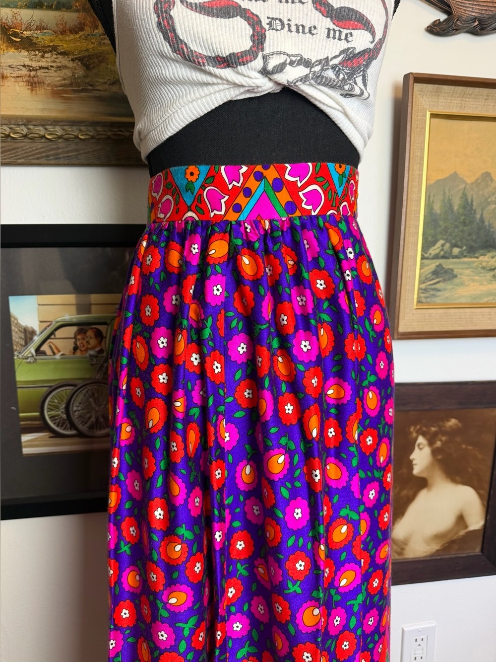Vintage 1960s/70s Alex Colman California Mod Print Maxi Skirt XS 24" Waist - Picture 5 of 15